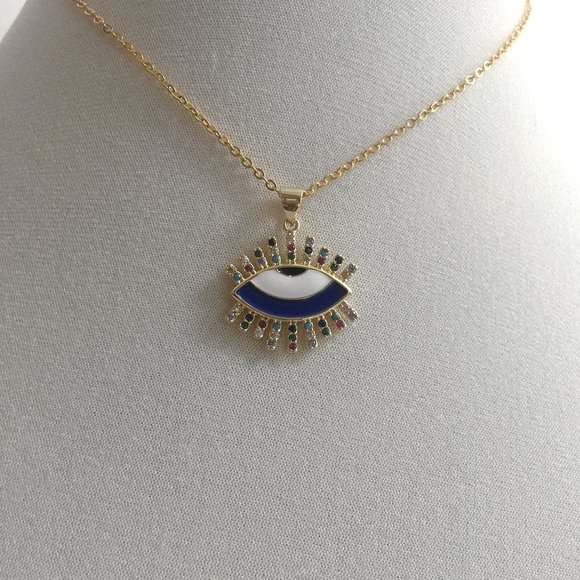 Evil Eye Teardrop Multi Colour Cubic Zirconia Enamel All Seeing Eye Necklace - Picture 4 of 6